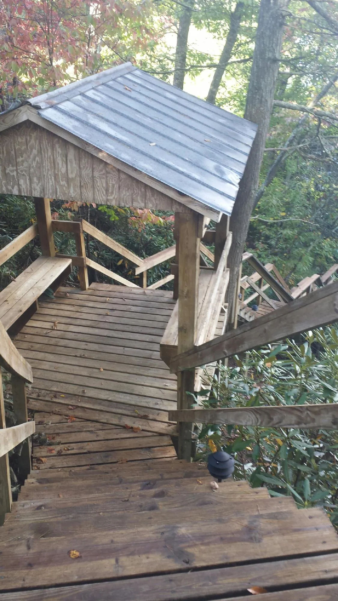 Metal roofed shelter over wooden steps on a wooded walkway — Skylight Repair & Installation work by our crew in Mohrsville